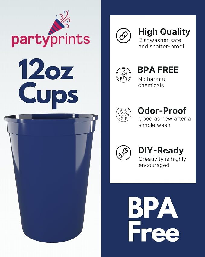 PartyPrints 10 Pack Small 10 to 12 oz Navy Blue Reusable Blank Plastic Cups - Image 2