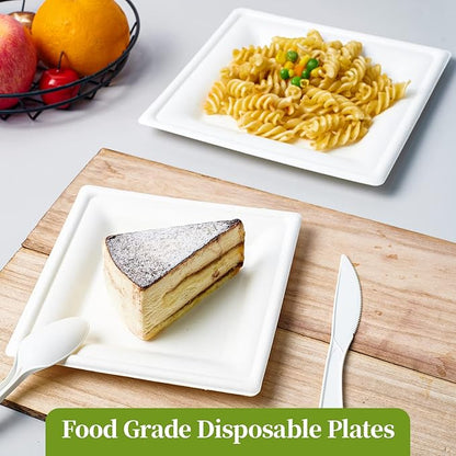 ECOLipak 150 Pieces Compostable Square Paper Plates, 10 inch Disposable Plates Square, Eco-friendly Biodegradable Sugarcane Bagasse Plates for Party Dinner Birthday