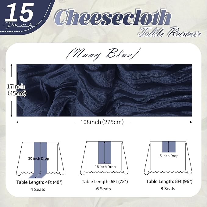 15 Pack Navy Blue Cheesecloth Table Runner 17 x 108 inch Cheese Cloth Table - Image 2