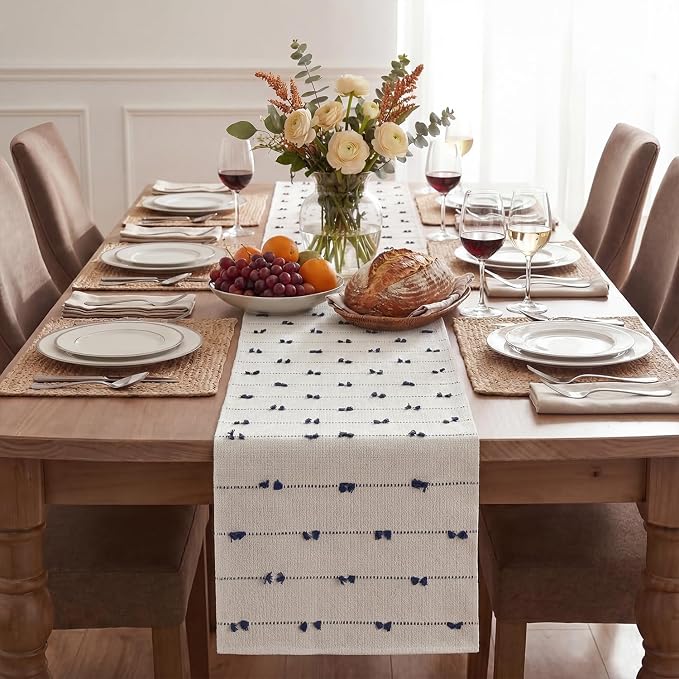 Artoid Mode Dark Blue Boho Farmhouse Cotton Woven Table Runner, Seasonal Summer - Image 2