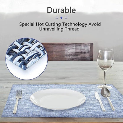DACHUI Placemats Set of 4, Linen Look Woven Place Mats, Water Resistant, Heat Resistant, Washable, Durable Table Mats (Blue)