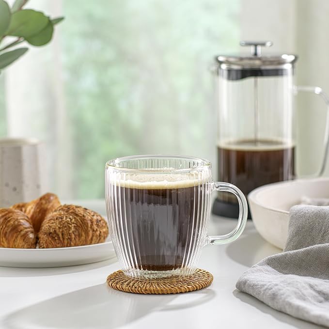 JoyJolt Fluted Glass Coffee Mugs, Double Wall 13.5oz Clear Glass Coffee Mug Set - Image 8