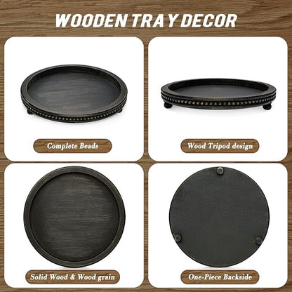 KULEDM Wooden Tray Decor, Small Beaded Coffee Table Tray Decor, Black Round Decorative Tray for Coffee Table, Dining Room Table Entryway and Living Room Table