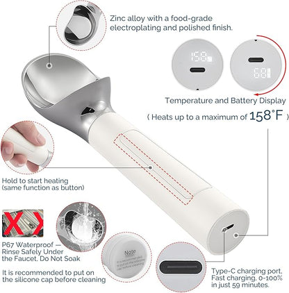 Heated Ice Cream Scoop Rechargeable, Electric Warming Ice Cream Scooper with LED Display, Heats to 158°F for Hard Ice Cream, Easy for Seniors & Kids, IP67 Waterproof (White, 2 oz)