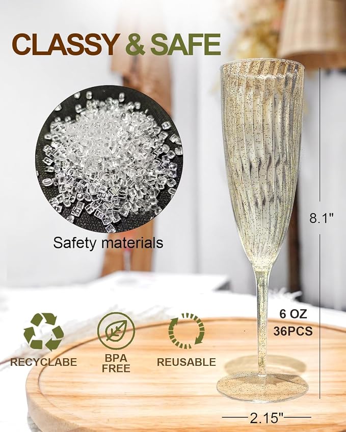 36 Pack Plastic Champagne Flutes, 6 Oz Clear Disposable Wine Glasses | Elegant - Image 4