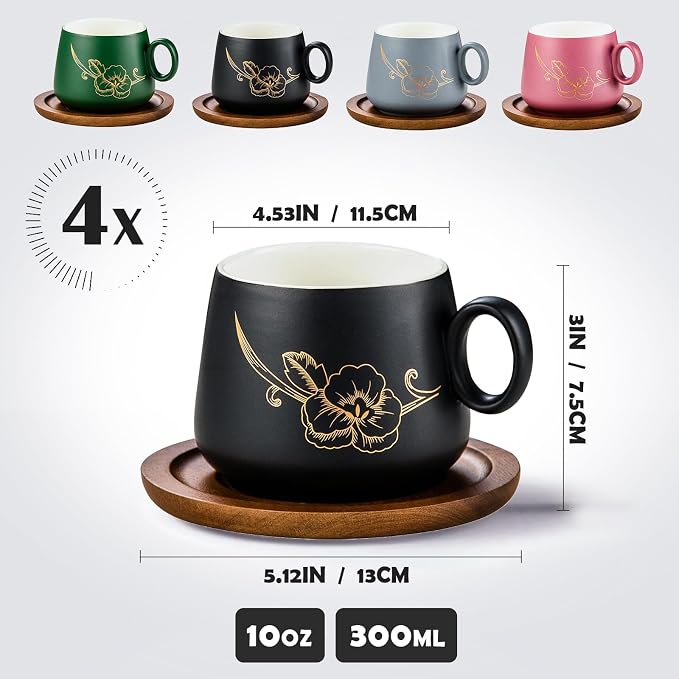 Yundu 10oz Cappuccino Cups & Wooden Saucers Set - Image 2
