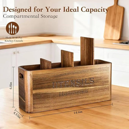 Utensil Holder for Kitchen Countertop, Extra Large Acacia Wood Organizer, 4-Compartment Storage for Cooking Tools, Farmhouse-Style Cutlery Holder