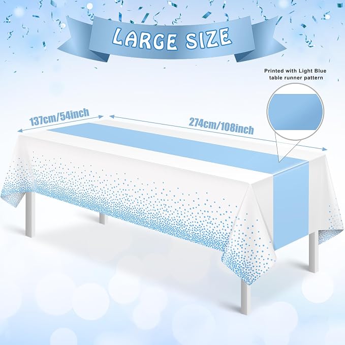 MASHAN 6Pcs White and Light Blue Polka Dot Plastic Rectangular Tablecloths - Image 2