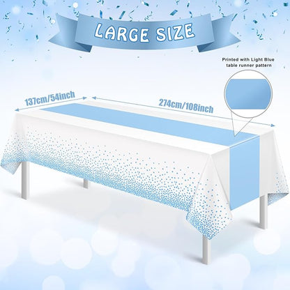 MASHAN 3Pcs White and Light Blue Tablecloth Party Decorations, Plastic White - Image 2