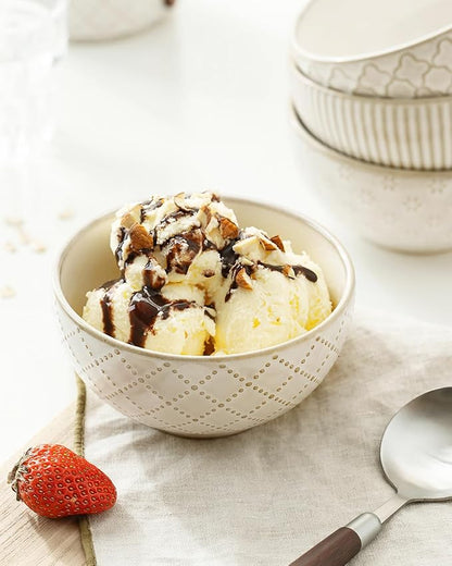 getstar Ceramic Bowl, Small Dessert Bowls Set of 4 with Assorted Embossment (4.5 inch & 10 oz), Farmhouse Vintage Color Bowls for Kitchen