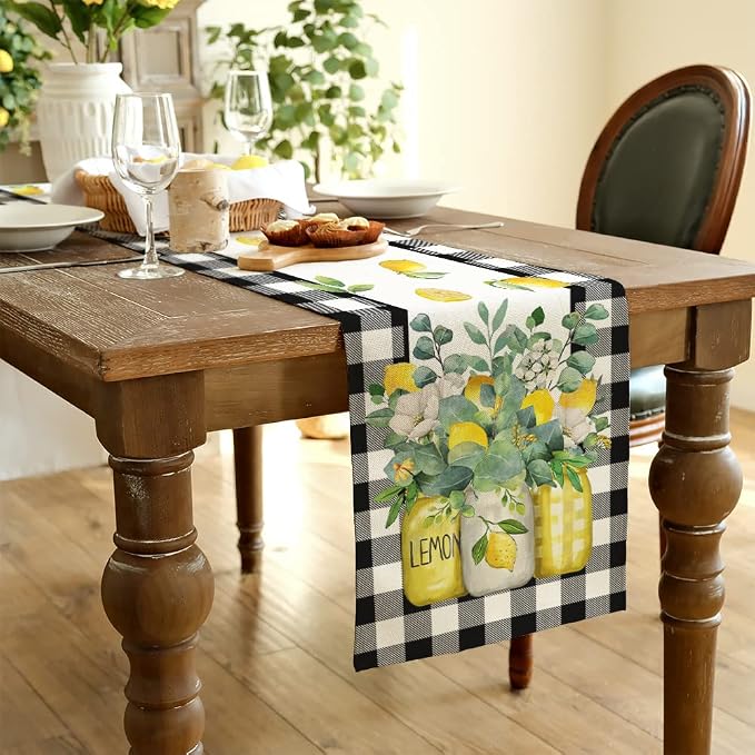 Black Buffalo Check Summer Table Runner 13 x 60 Inch, Lemon Vase Spring - Image 4