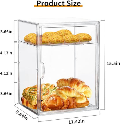 Attelite Pastry Display Case,4 Layers Adjustable Clear Bread Box for Kitchen Countertop,Bread Storage with Magnetic Door Bakery Pastry Display15.5x11.4x9.8inch