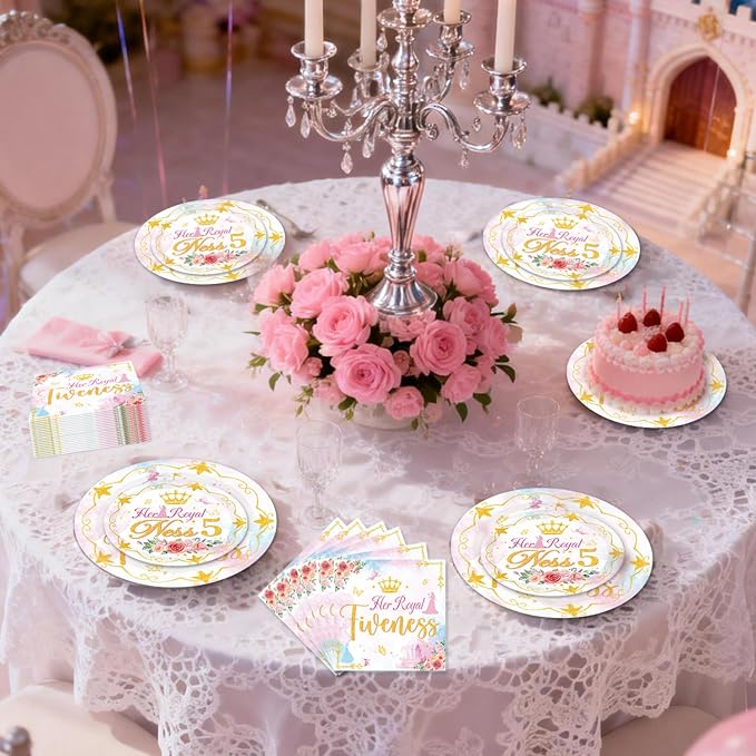 96Pcs Princess 5th Birthday Decorations Tableware Set Her Royal Fiveness - Image 7