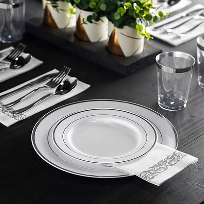 Munfix 100 Silver Plastic Dinner Plates Set, 10.25 Inch Disposable Heavy Duty Fancy Elegant Wedding Party Plates, White with Silver Rim