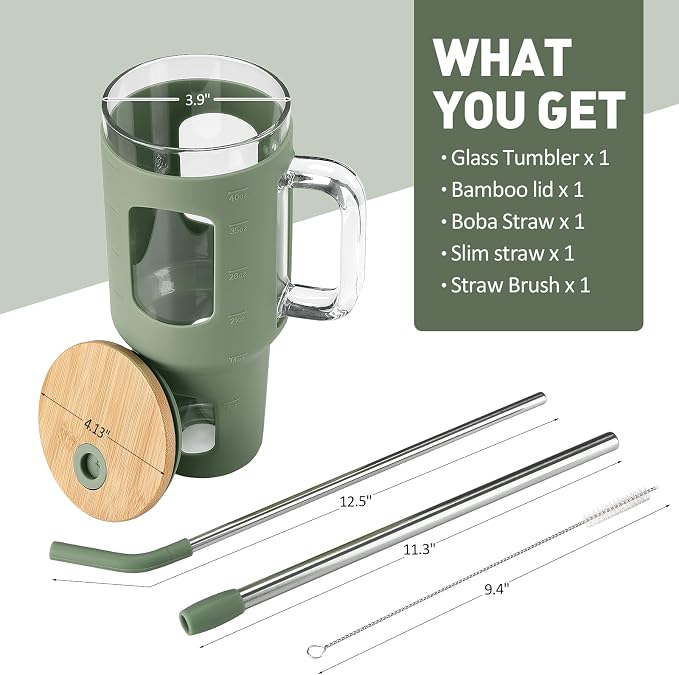 WINSA Glass Tumbler with Straw and Lid, 40 oz, Olive | Iced Coffee Cup with - Image 3