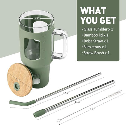 WINSA Glass Tumbler with Straw and Lid, 40 oz, Olive | Iced Coffee Cup with - Image 3