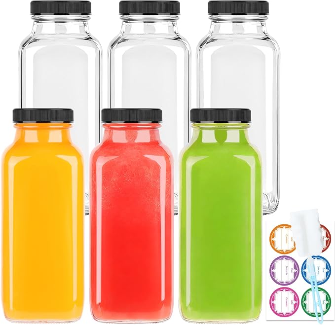 GUANENA 6 Pack Glass Drink Bottles, 12 OZ Vintage Square Water Bottles by GUANENA