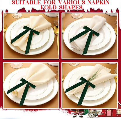 Riceshoot Velvet Bow Napkin Rings Bows with Gold Semicircle Metal Napkin Ring Velvet Bow Holder for Wine Bottles Table Settings Candlestick Wedding Valentine's Day Dinner(Green,12 Pcs)