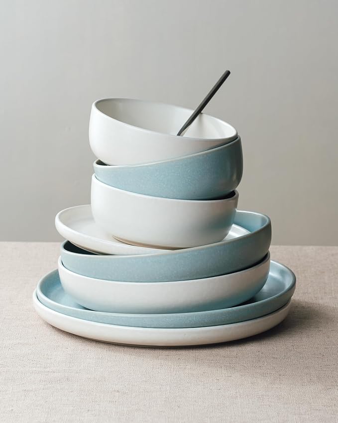 Famiware Milkyway 12-Piece Dinnerware Set, Matte Beige White & Light Blue | - Image 4