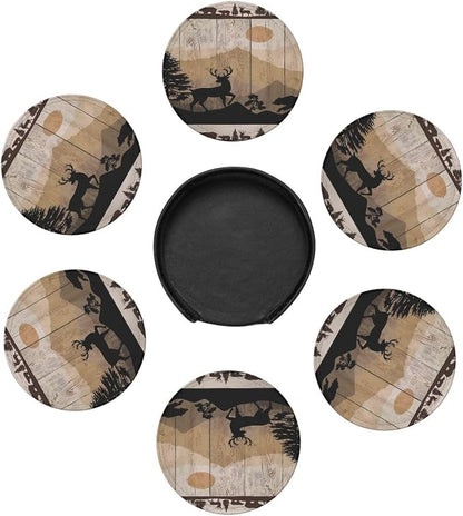6 Pcs Rustic Wildlife Bear Deer Moose Vintage Wooden Plank Leather Coasters - Image 7