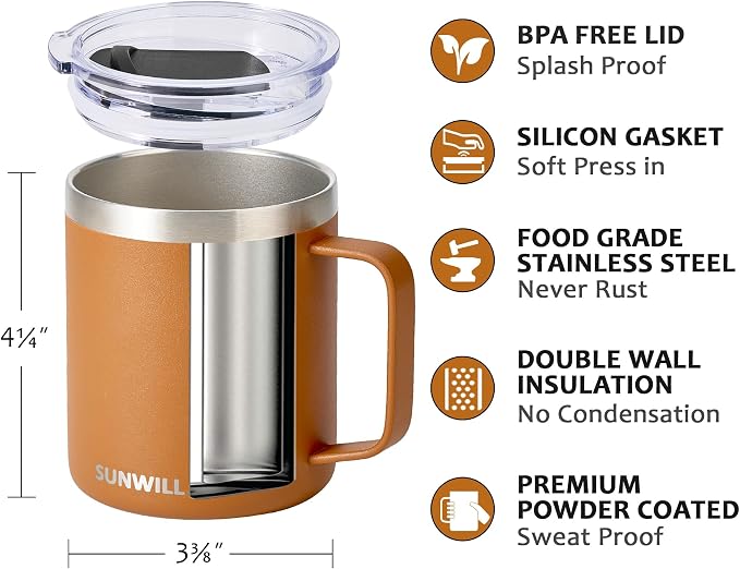 SUNWILL Insulated Coffee Mug, Stainless Steel 14 oz, Splash-Proof Lid | Keeps - Image 2