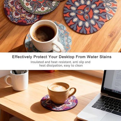 Round Coasters Set of 6,Non Slip Rubber Coasters for Drinks,Mandala Pattern Design Coaster for Coffee Table Wine Glass Home Bar 4.7 Inch
