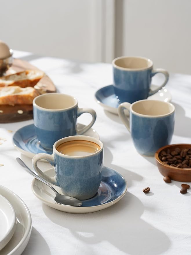 famiware 3oz Espresso Cups and Saucers, Azure Blue | Ceramic Small Coffee Mug - Image 2