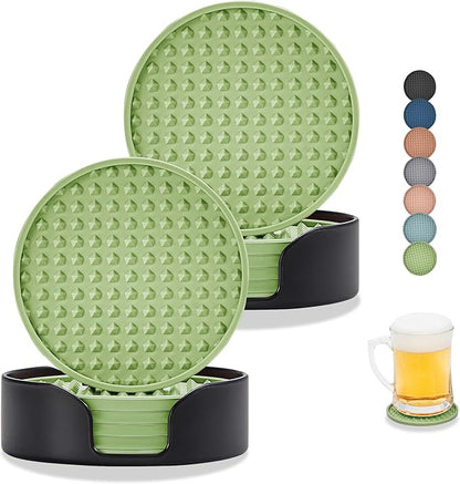 Coasters for Drinks, Silicone Coasters Set of 12 with ABS Holder, Outdoor Coaster for Coffee Table, Non-Slip Rubber Table Cup Mat Desk, Heat Resistant & Scratch-Proof (Green)