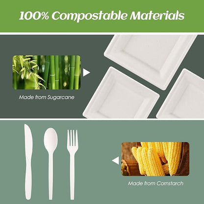 Compostable Disposable Paper Plates Set -[300 Pcs]10 inch 8 inch Heavy Duty Biodegradable Square Plates and Spoons,Forks,Knives,Napkins-Eco-Friendly Party Bulk