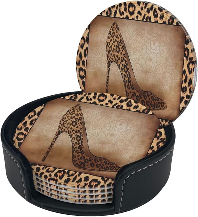 6 Pcs Leopard Print Brown Animal Texture High Heels Leather Coasters - Image 2