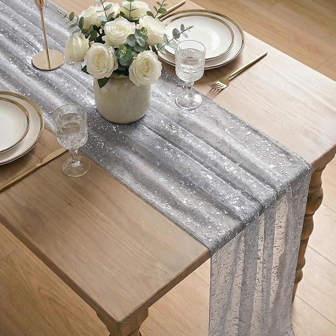 Artoid Mode Grey Gold Gauze Table Runner 120 Inch 10FT, Glitter Metallic Foil Sheer Dining Wedding Anniversary Holiday Birthday Table Decor for Home Party