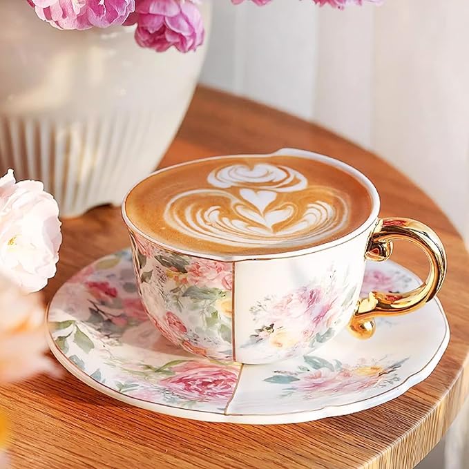KAMMAK Tea Cups and Saucers Set of 2, Fine Bone China Coffee Cups, YX011 | - Image 5