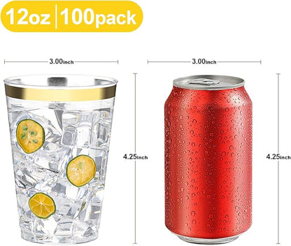 BESTVIP 12oz Gold Plastic Cups, 100 Pack Gold Rimmed Disposable Cups, Heavy-duty Party Cocktail Glasses, Plastic Cups for Party, Holiday, Christmas, Wedding and Birthday