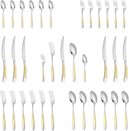 30-Piece Silverware Set, Luxury Gold Silverware Kitchen Flatware Sets Service for 6, Premium Cutlery Utensil Set with Dinner Knife Spoon Fork Set, Durable Stainless Steel Tableware Sets