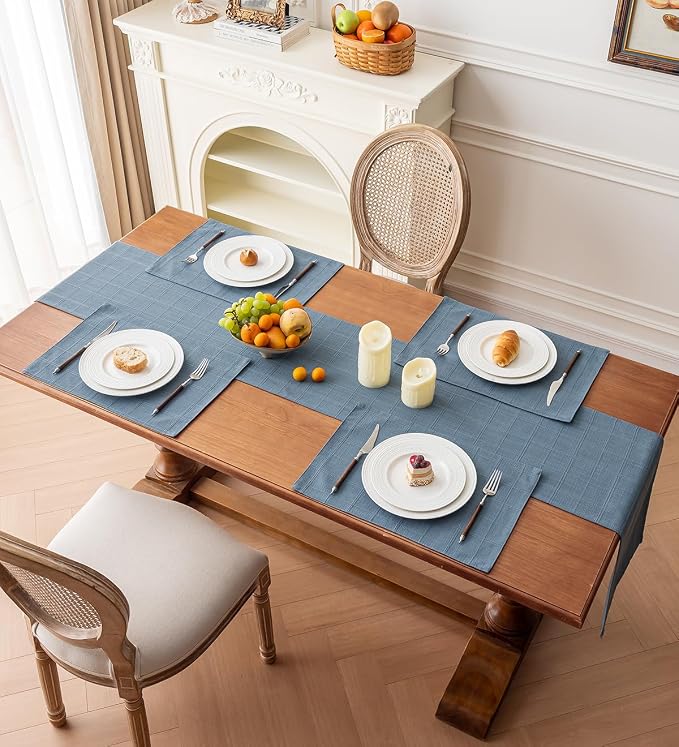 Linen Textured Table Runner, Machine Washable, Farmhouse Neutral Checked table - Image 7