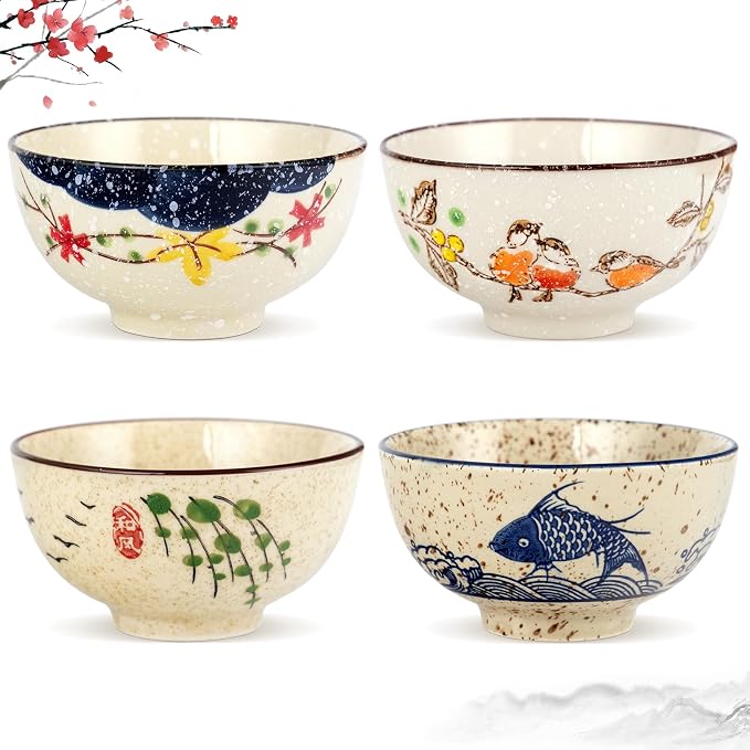 clothmile 4.5 Inch Japanese Retro Rice Bowls Set of 4 Japanese Style by clothmile