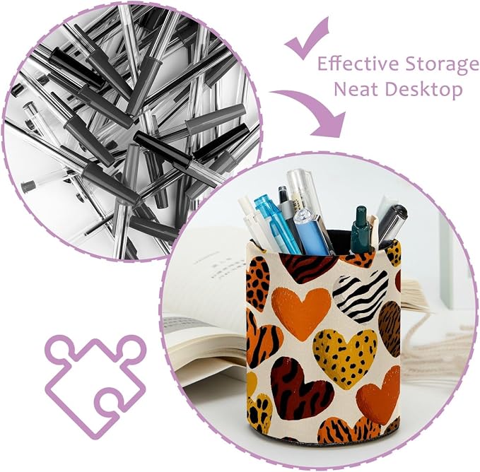 Leather Pen Holder for Desk, Leopard Heart Pencil Cup Pen Organizer Makeup - Image 4
