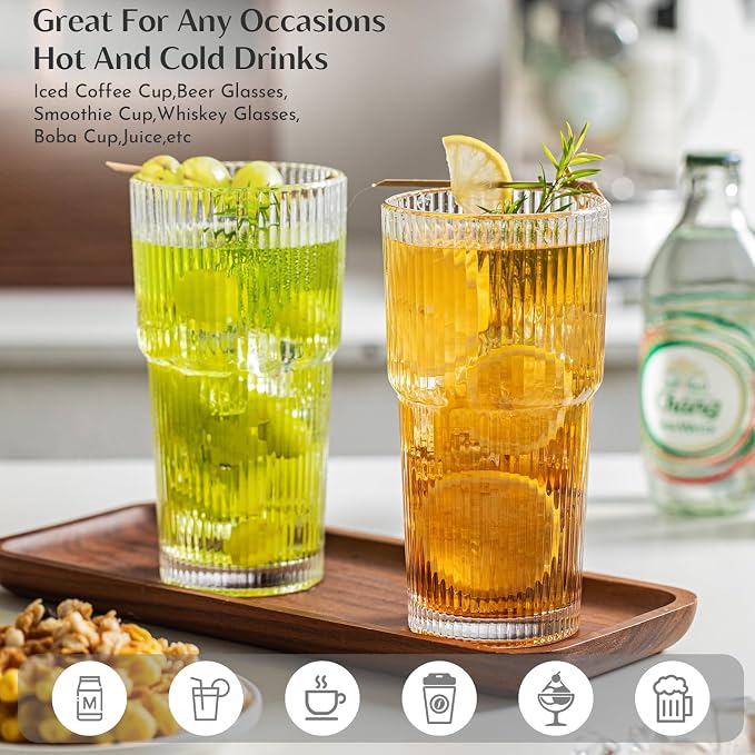 INSETLAN 20oz Ribbed Glass Tumbler, Iced Coffee Cups - Image 3