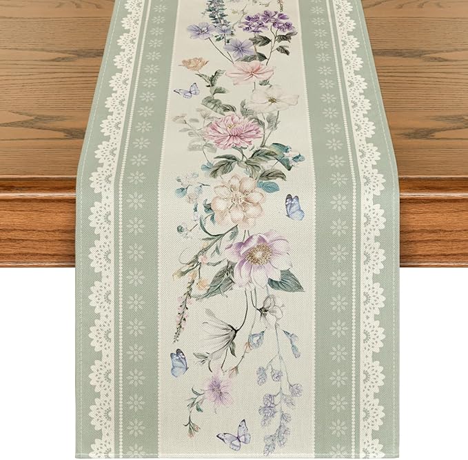 Artoid Mode Green Printed Lace Floral 210 GSM Spring Table Runner, Seasonal by ArtoidMode