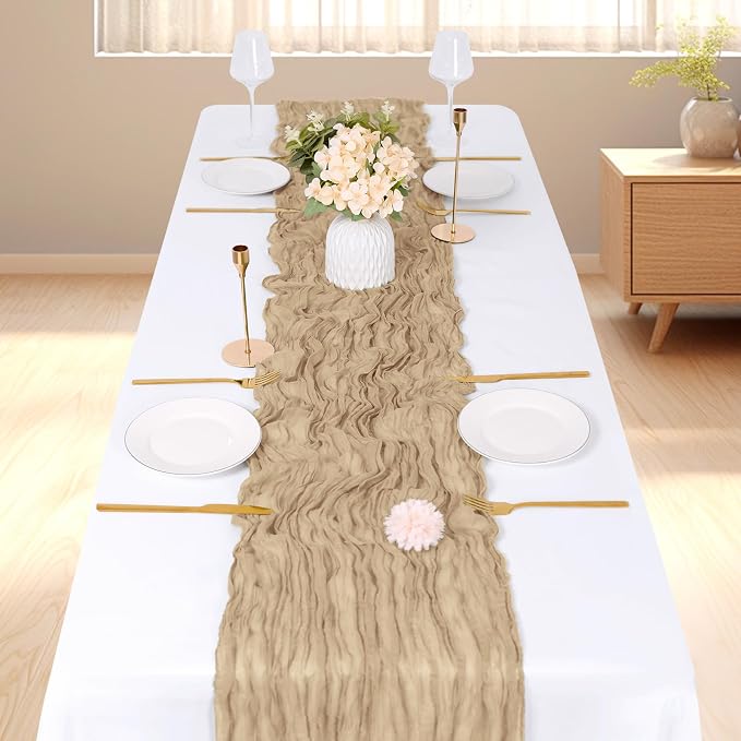 3 Pack Beige Cheesecloth Table Runner, 17 x 108 inch, Semi Sheer Boho Cheese - Image 2
