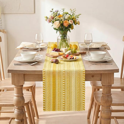 Artoid Mode Yellow Farmhouse Stripe Braided Table Runner 12x72 Inch | Holiday - Image 2