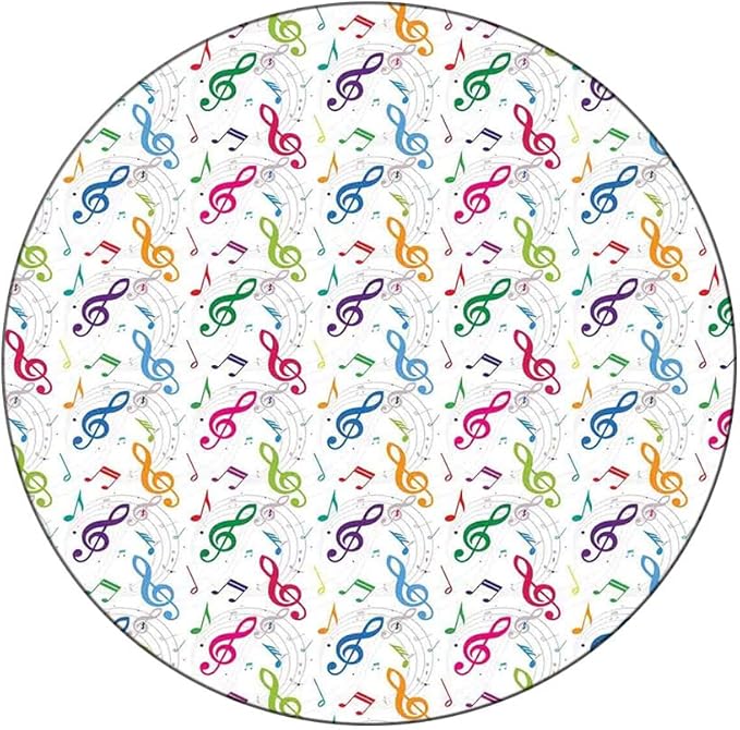 Round Vinyl Fitted Tablecloth, Music Decor Print Polyester Table Cloth, Notes on Circle Shape Geometric Background Carnival, Fit Round Tables 35inch Diameter, for Xmas/Parties/Home, Multy