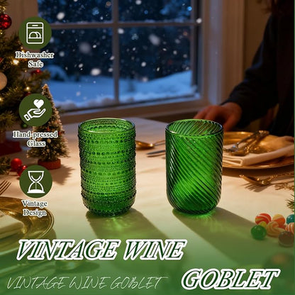 CHLJAR Christmas Green Vintage Wine Drinking Glasses Set of 6, 14 oz hobnail - Image 5