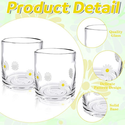 Icon Juice Glasses, 14oz Stemless Wine Drinking Juice Glass Cup for Valentine Party Supplies Gift(2 Pcs,Daisy)