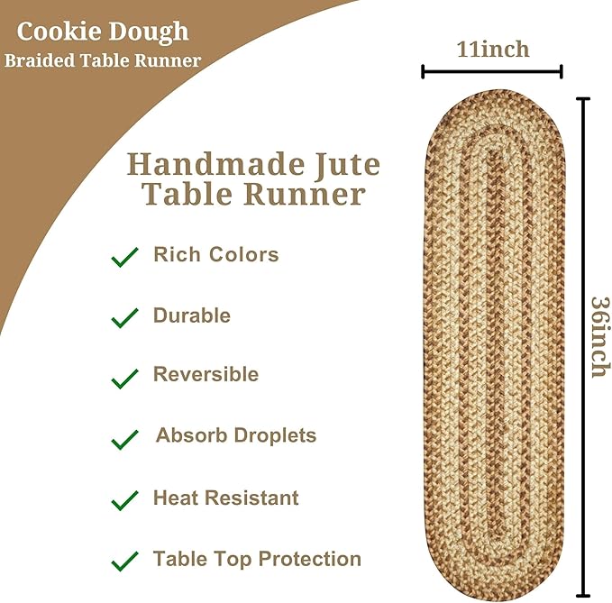 Homespice Cookie Dough Jute Braided Oval Table Runner,Country Rustic Decor, Brown 11x36 - Farmhouse Dining Table Accessories - Rich Colors, Easy to Clean, Durable and Protects Furniture