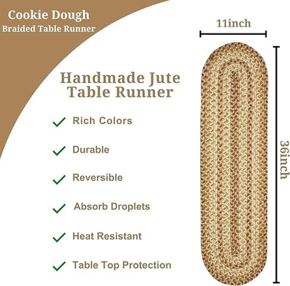 Homespice Cookie Dough Jute Braided Oval Table Runner,Country Rustic Decor, Brown 11x36 - Farmhouse Dining Table Accessories - Rich Colors, Easy to Clean, Durable and Protects Furniture
