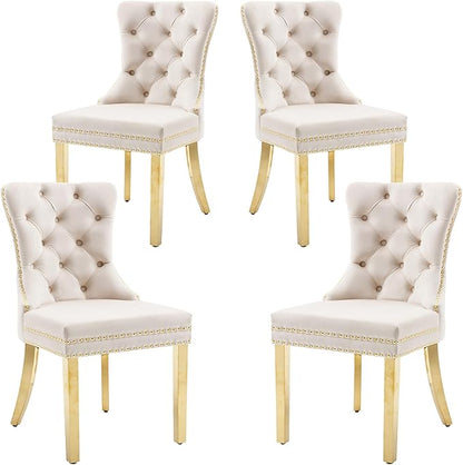 KCC Velvet Dining Chairs Set of 4, Upholstered High-end Tufted Dining Chair with Nailhead Back Ring Pull Trim Stainless Steel Legs, Contemporary Nikki Collection Modern Style for Kitchen, Beige