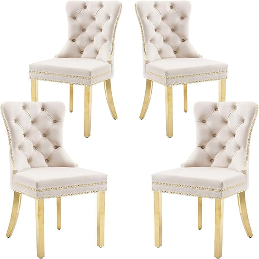 KCC Velvet Dining Chairs Set of 4, Upholstered High-end Tufted Dining Chair with Nailhead Back Ring Pull Trim Stainless Steel Legs, Contemporary Nikki Collection Modern Style for Kitchen, Beige