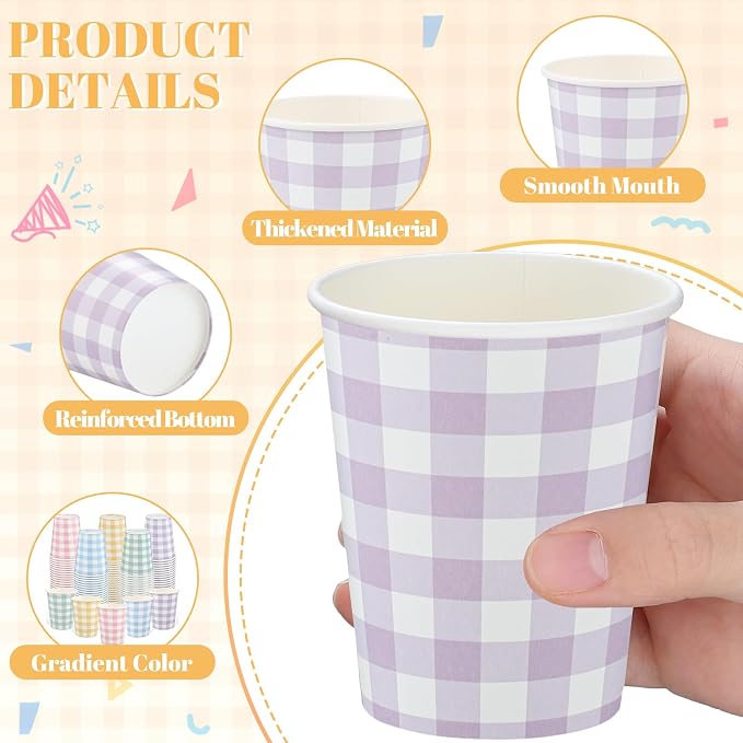 NatNarr 100 Pack Gingham Paper Cups, 9oz Pastel Cups Picnic Paper Cups | Pastel - Image 3