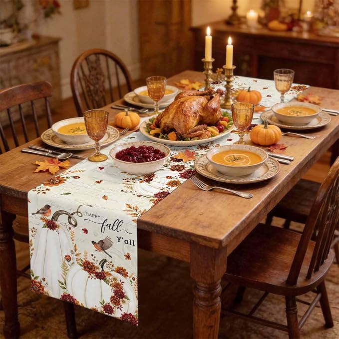 White Pumpkins Fall Table Runner 72 Inches Long, Thanksgiving Harvest Table - Image 3